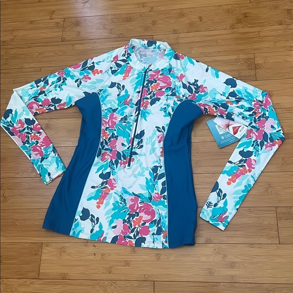 Coolibar Other - NWT Coolibar Escalante Full Zip Rash Guard 1/4 zip UPF 50+ Blue Floral Sz m bra